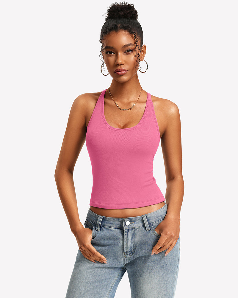 Tank Top with Built-In Bra - Ribbed Lace Racerback, Removable Pads