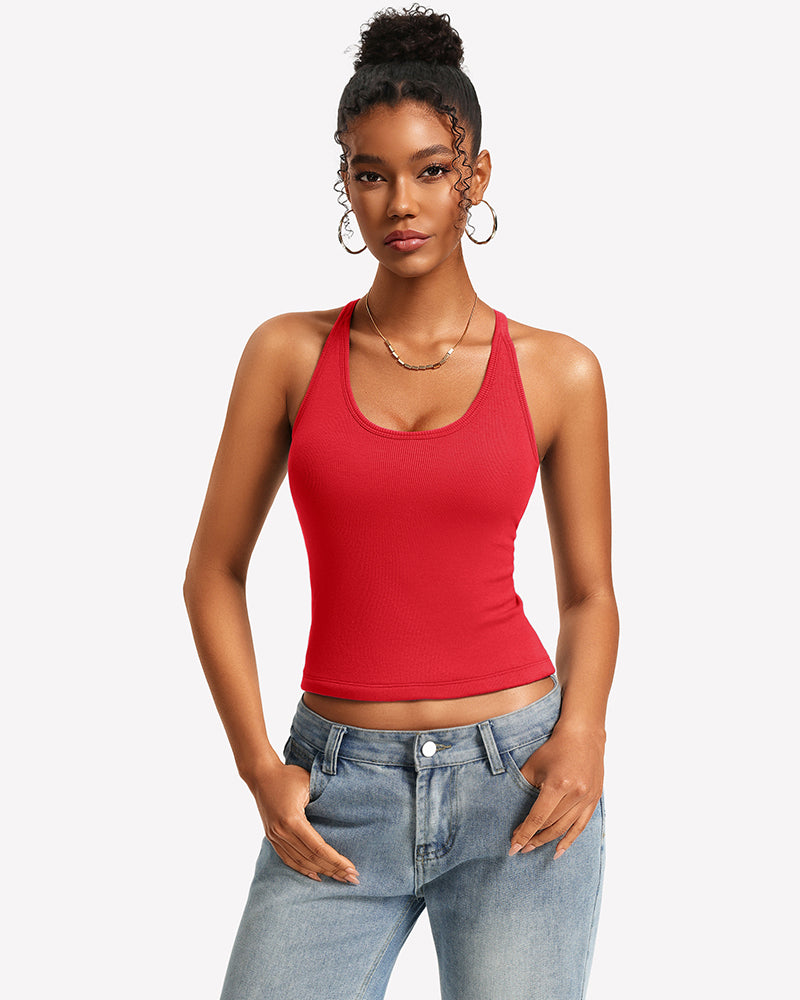 Tank Top with Built-In Bra - Ribbed Lace Racerback, Removable Pads