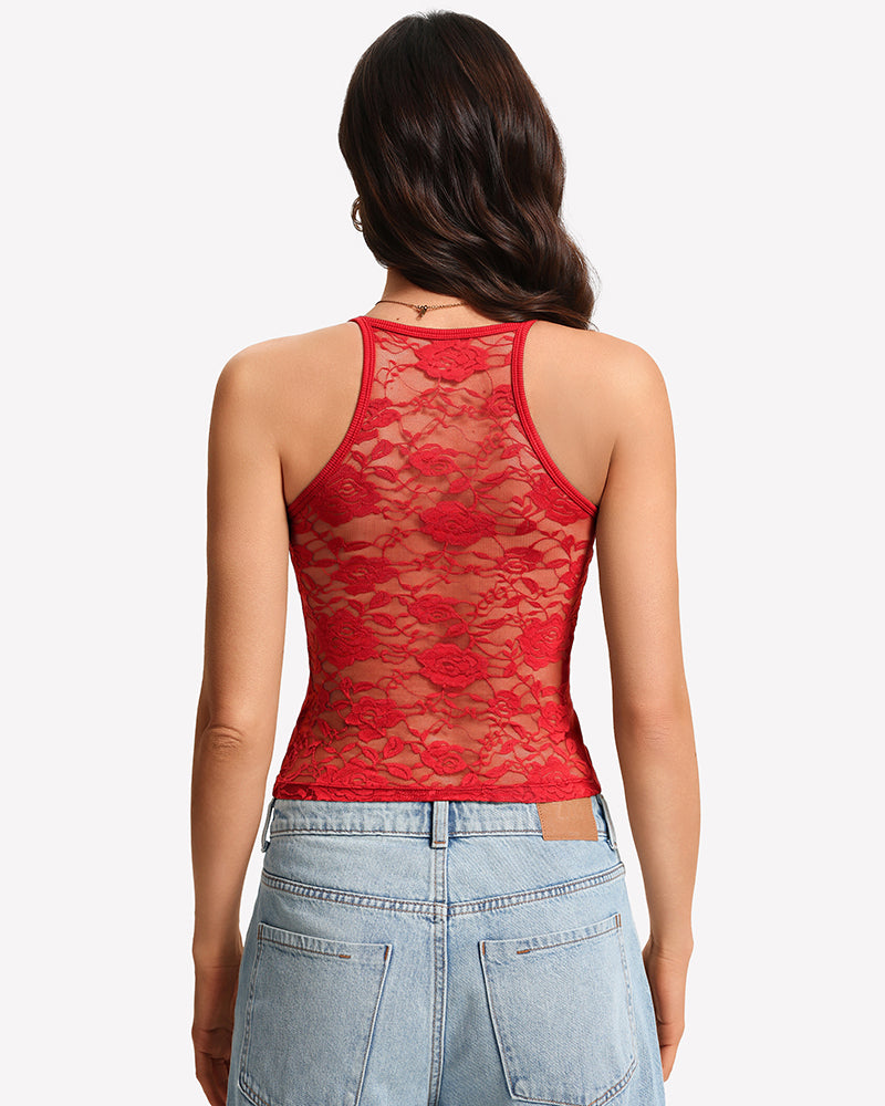 Tank Top with Built-In Bra - Ribbed Lace Racerback, Removable Pads