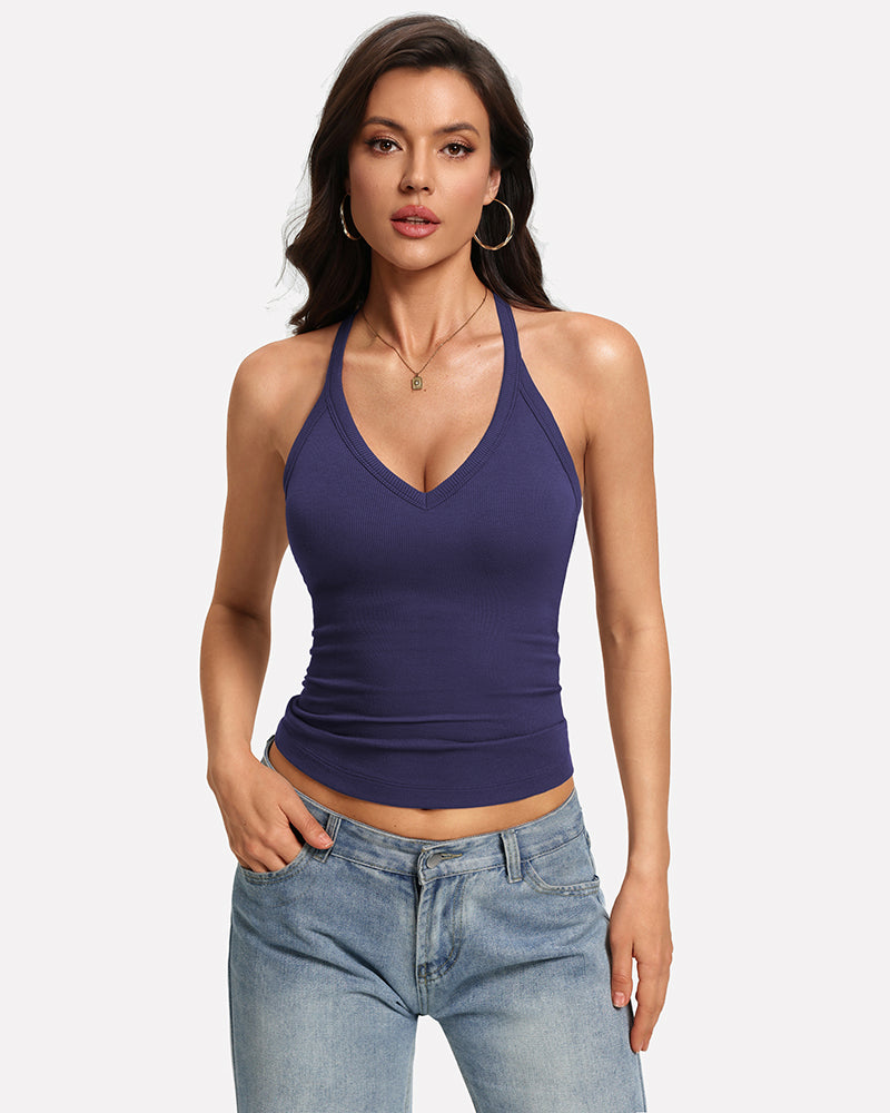 V Neck Tank Top with Built-In Bra Ribbed Racerback Fitted Cami