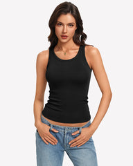 Ribbed Tank Top Built-In Bra High Neck Fitted Racerback Top