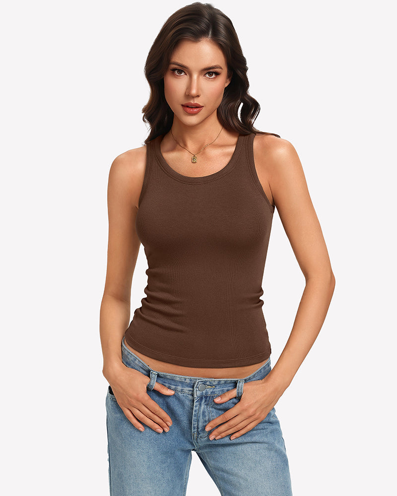 Ribbed Tank Top Built-In Bra High Neck Fitted Racerback Top