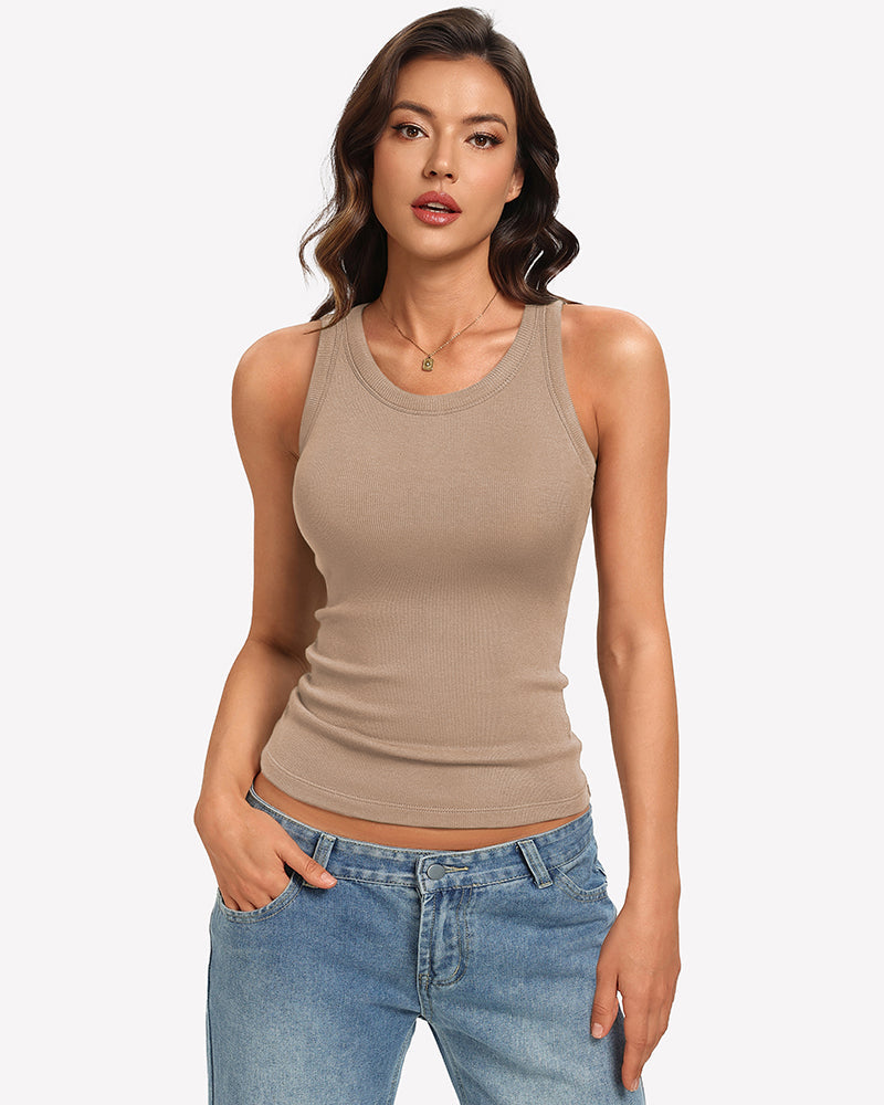 Ribbed Tank Top Built-In Bra High Neck Fitted Racerback Top