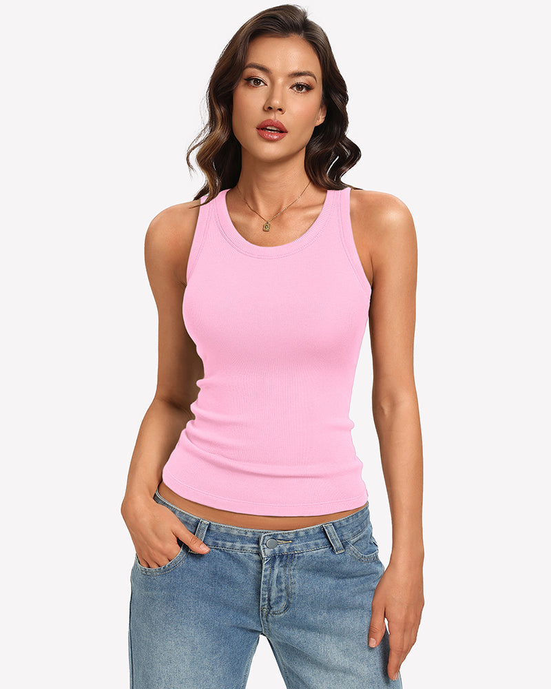 Ribbed Tank Top Built-In Bra High Neck Fitted Racerback Top