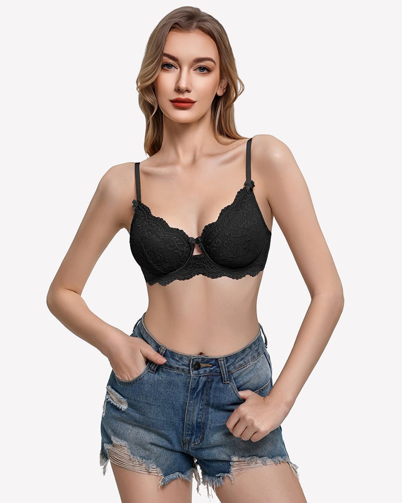 V-Neck Balconette Underwire Unlined Lace Bra