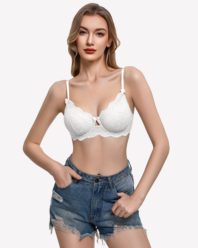 V-Neck Balconette Underwire Unlined Lace Bra