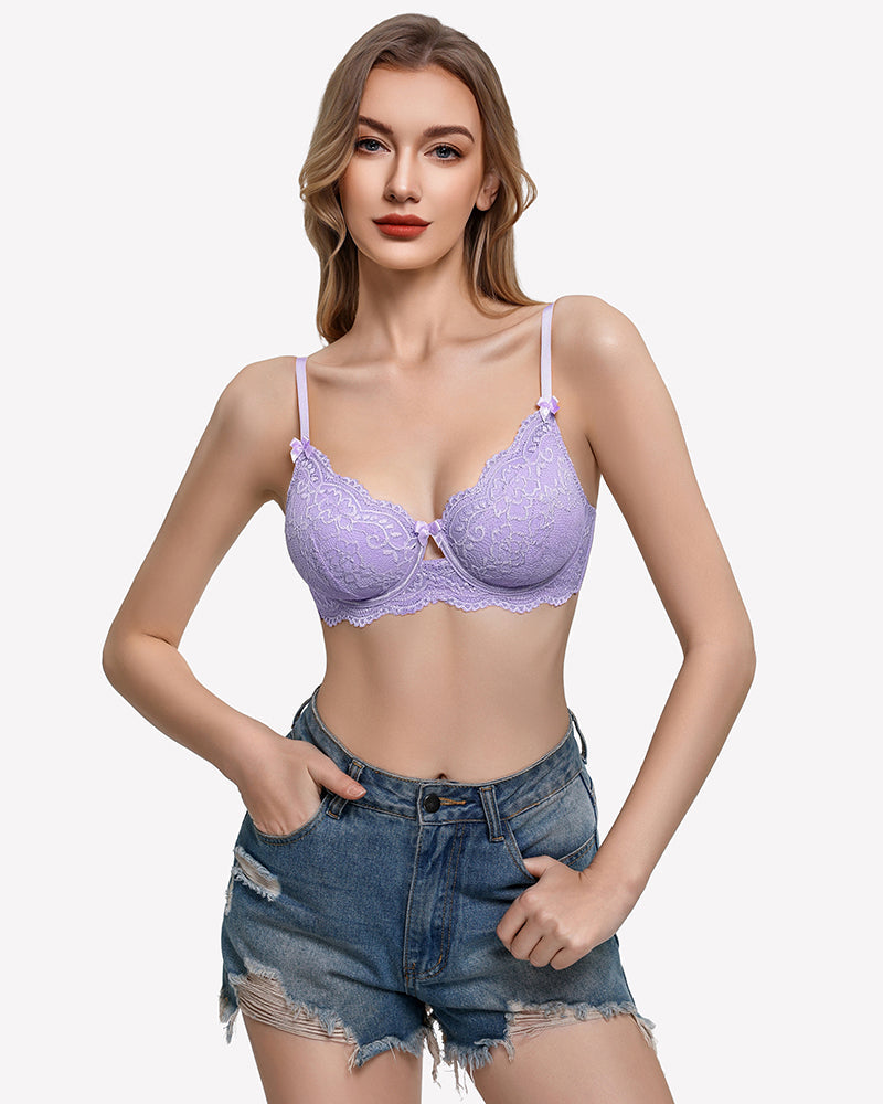 V-Neck Balconette Underwire Unlined Lace Bra