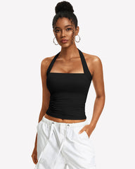 Square Neck Ruched Halter Tank Top