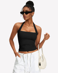 Square Neck Ruched Halter Tank Top