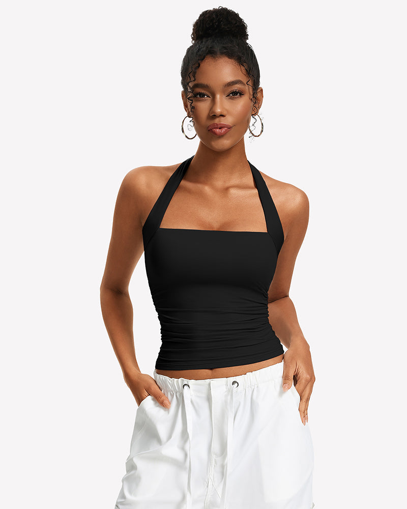 Square Neck Ruched Halter Tank Top