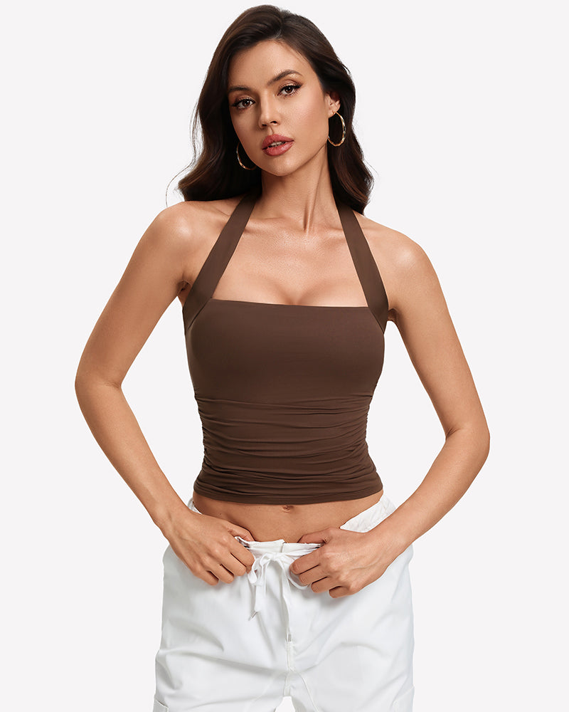 Square Neck Ruched Halter Tank Top