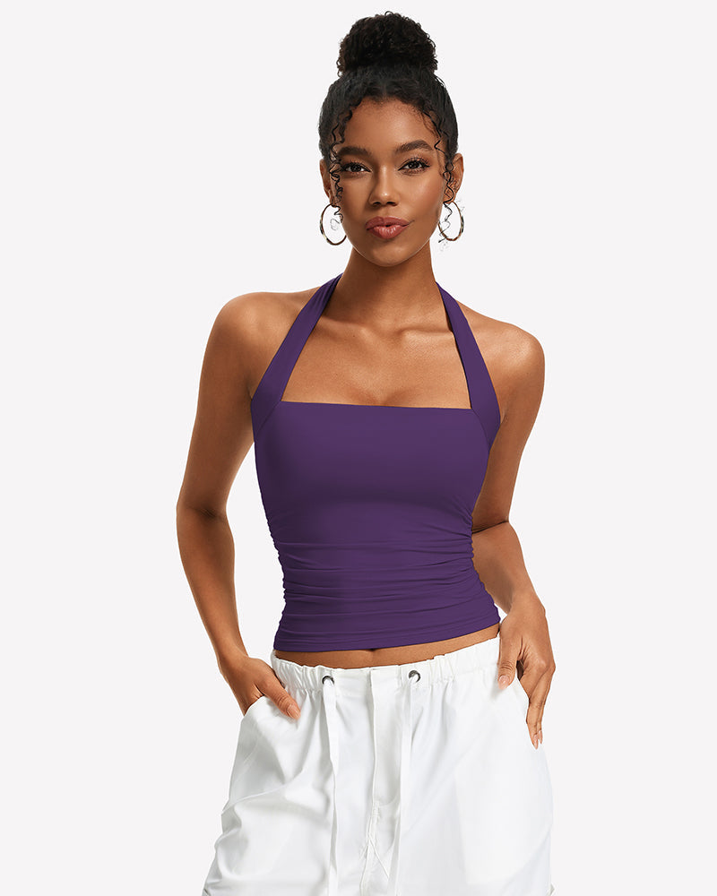 Square Neck Ruched Halter Tank Top