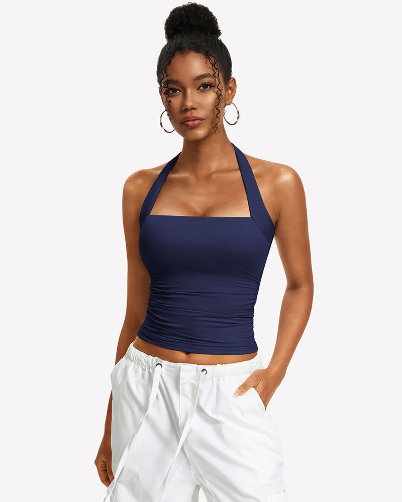 Square Neck Ruched Halter Tank Top