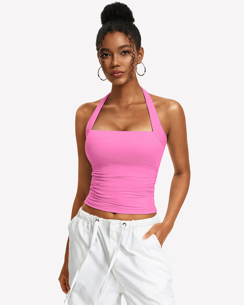 Square Neck Ruched Halter Tank Top