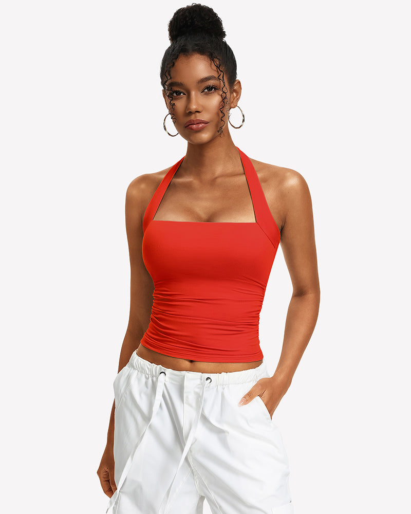 Square Neck Ruched Halter Tank Top