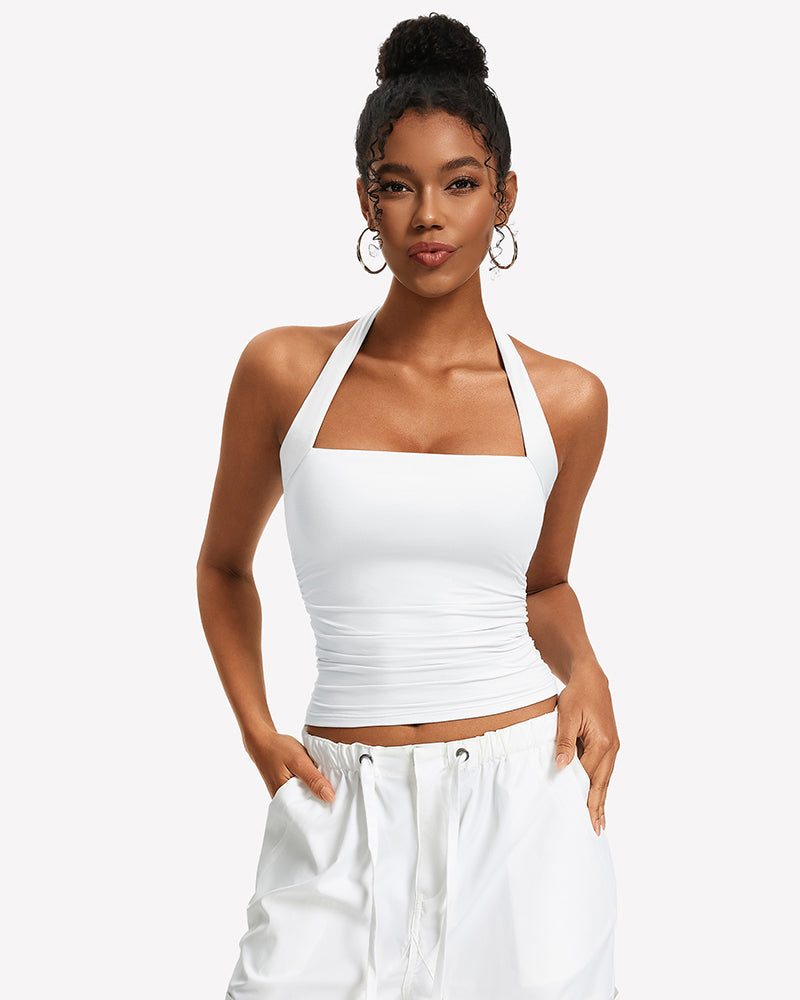 Square Neck Ruched Halter Tank Top