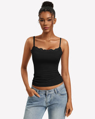 Lace Trim Camisole Square Neck Slim Fit Going Out Tank Top