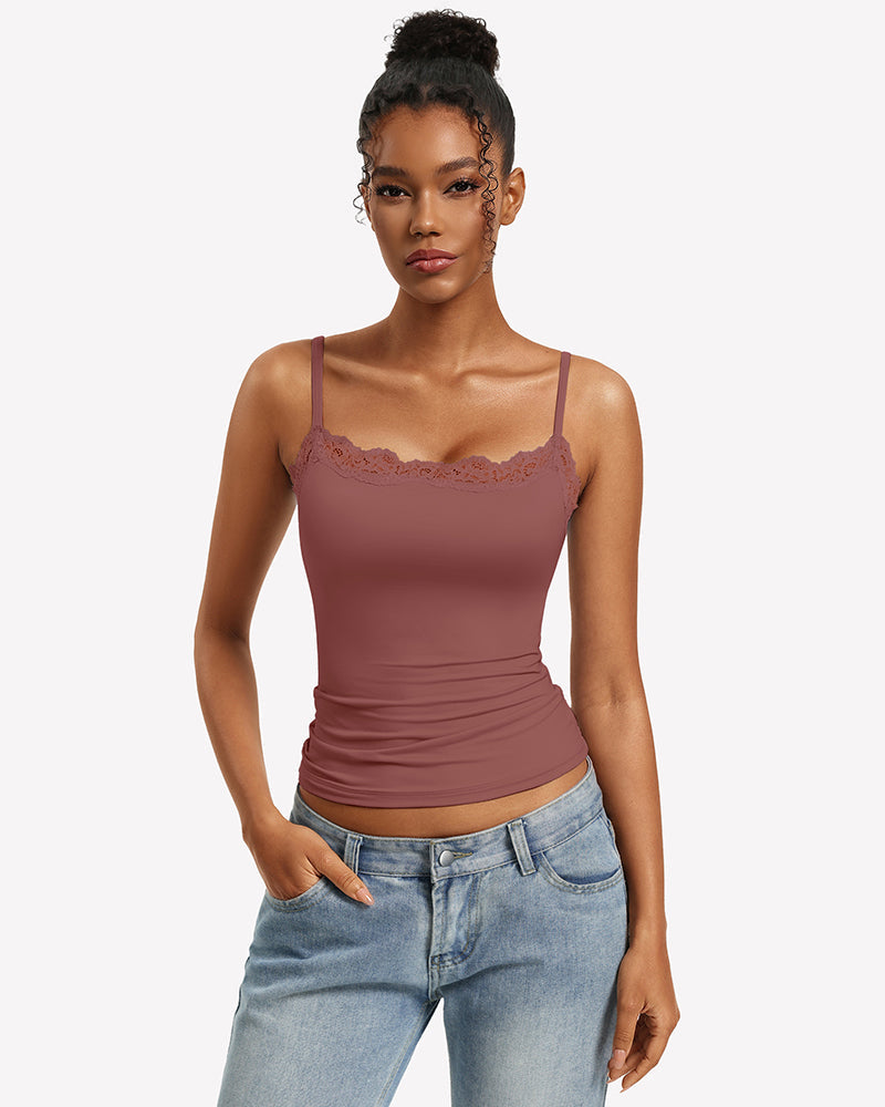 Lace Trim Camisole Square Neck Slim Fit Going Out Tank Top