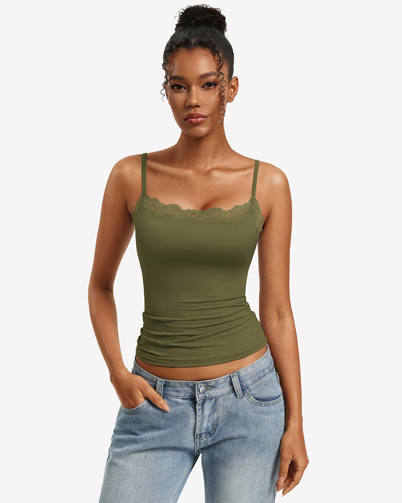 Lace Trim Camisole Square Neck Slim Fit Going Out Tank Top