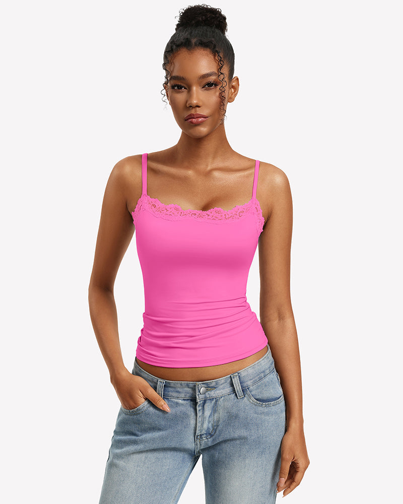 Lace Trim Camisole Square Neck Slim Fit Going Out Tank Top