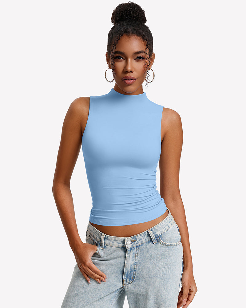 Mock Turtle Neck Tank Top - Double Lined Fitted Y2K Summer Top