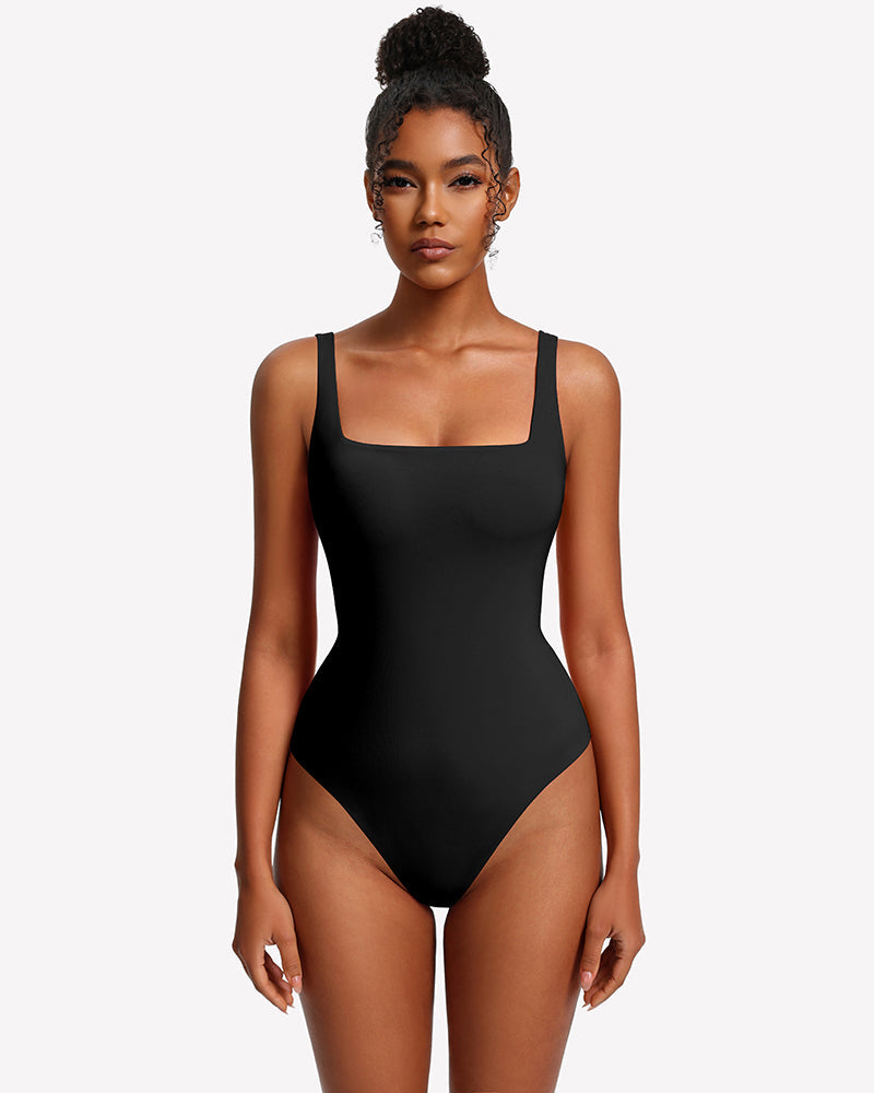 Square Neck Backless Double-Lined Thong Bodysuit