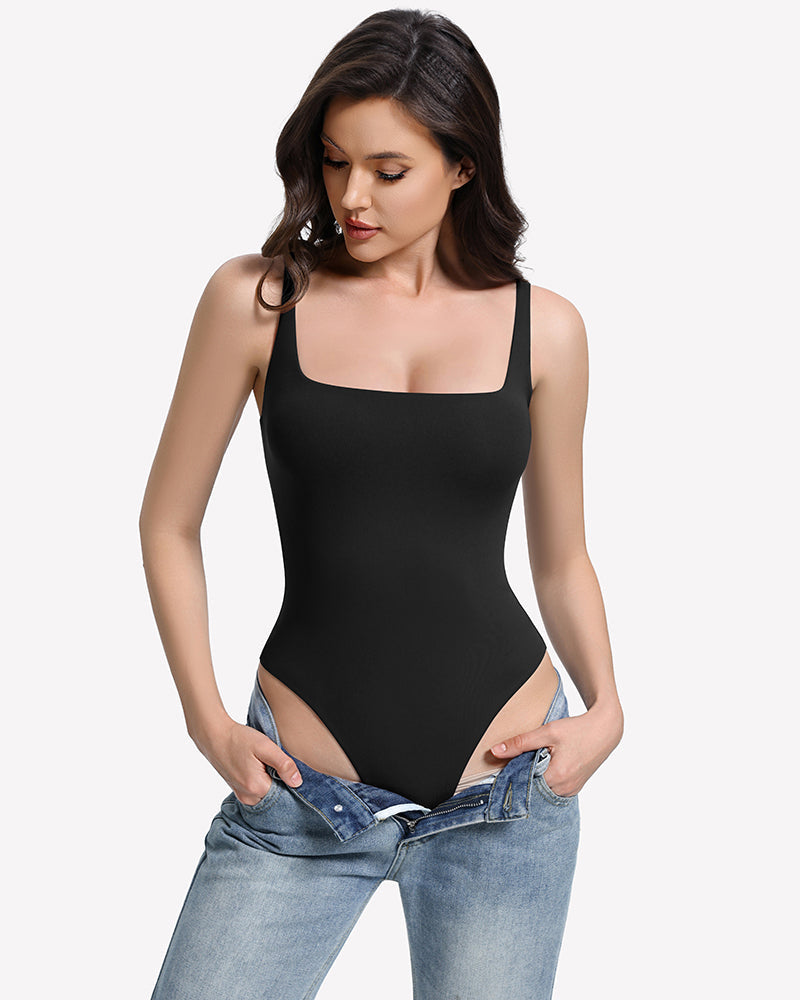 Square Neck Backless Double-Lined Thong Bodysuit