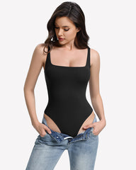 Square Neck Backless Double-Lined Thong Bodysuit