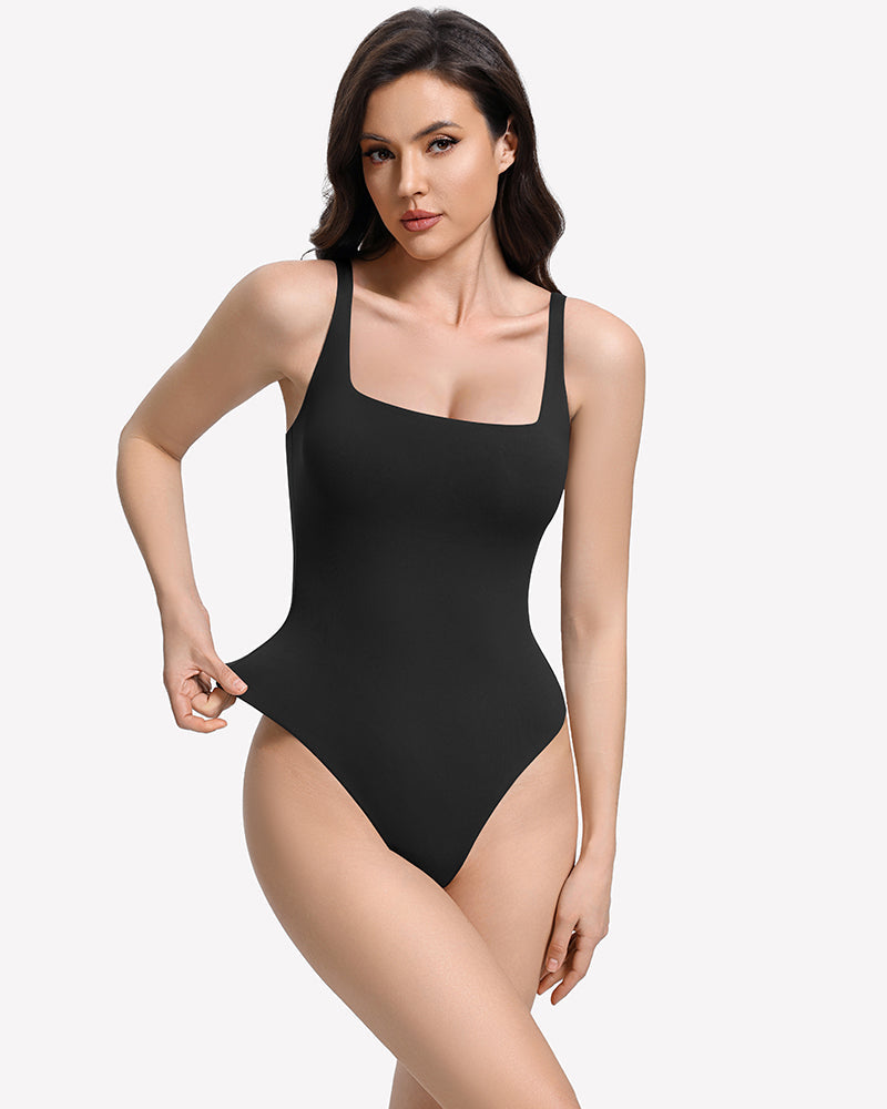 Square Neck Backless Double-Lined Thong Bodysuit