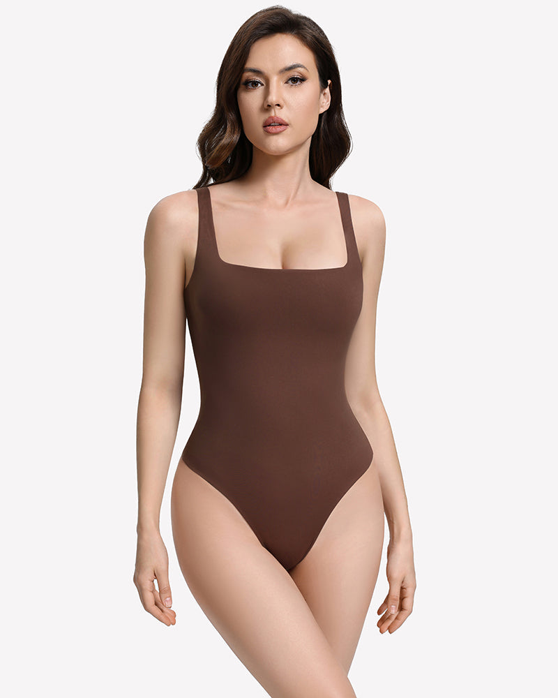 Square Neck Backless Double-Lined Thong Bodysuit