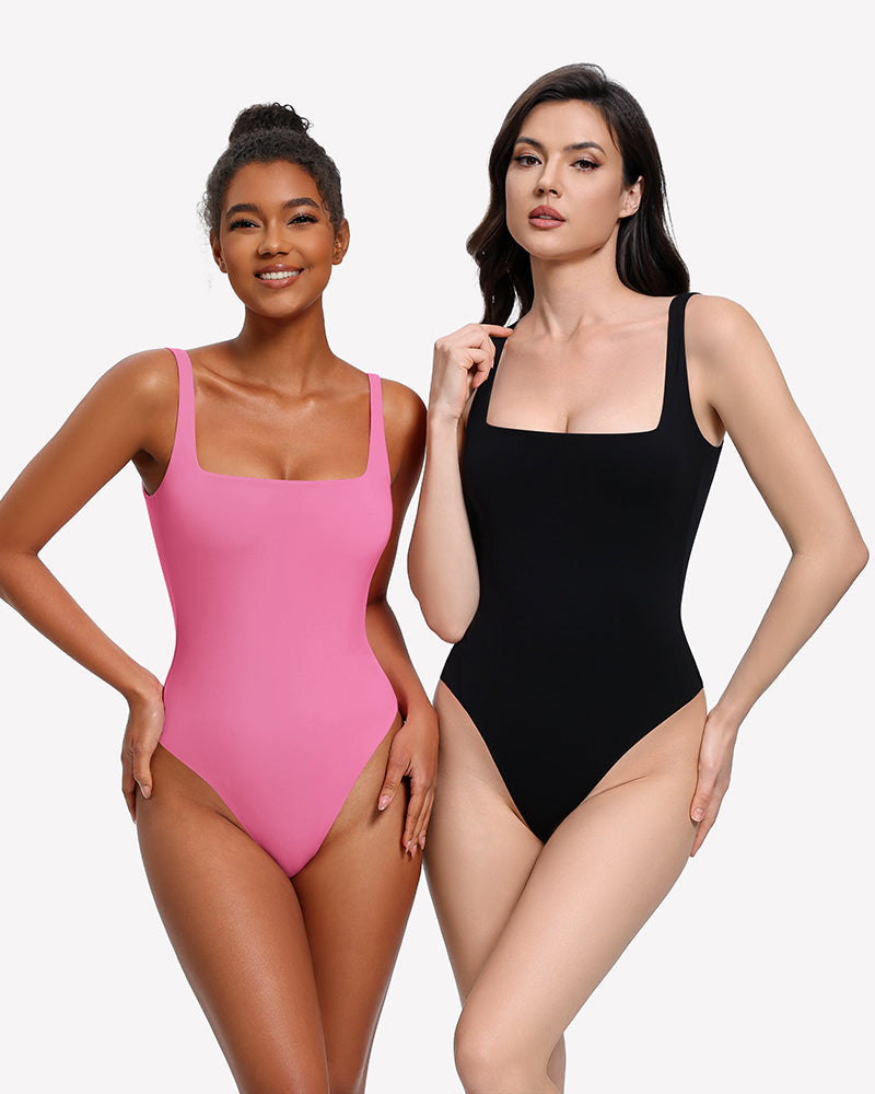 Square Neck Backless Double-Lined Thong Bodysuit