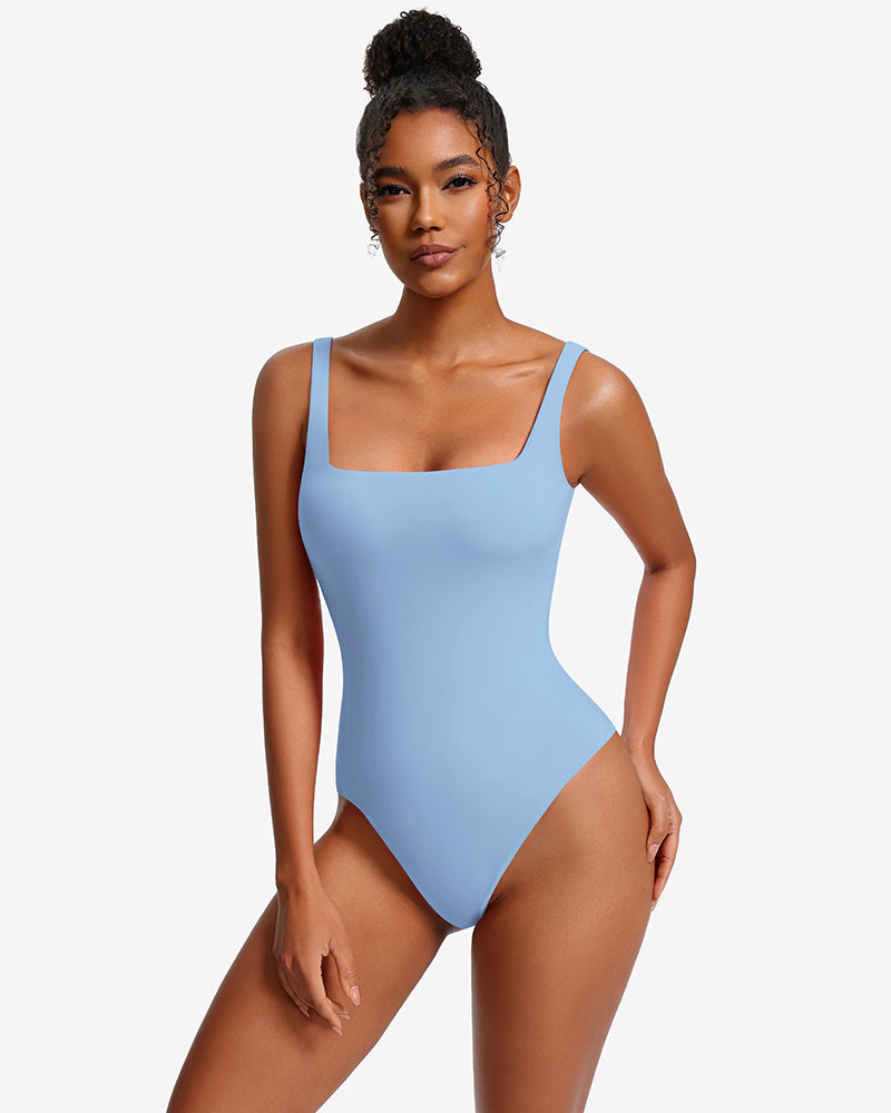 Square Neck Backless Double-Lined Thong Bodysuit