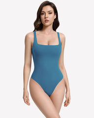 Square Neck Backless Double-Lined Thong Bodysuit