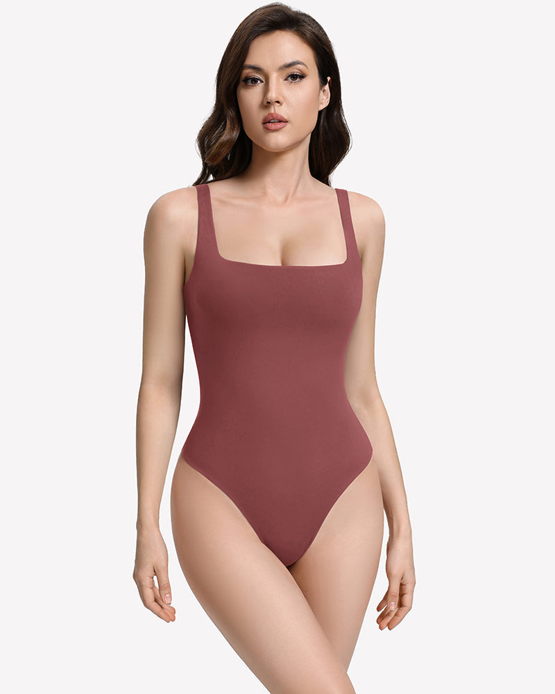 Square Neck Backless Double-Lined Thong Bodysuit