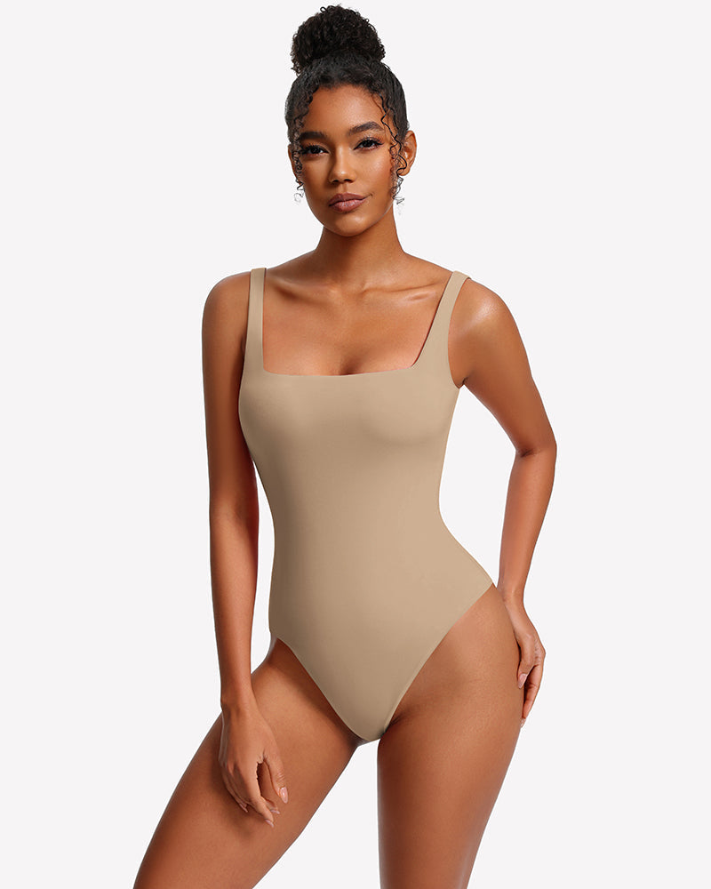Square Neck Backless Double-Lined Thong Bodysuit