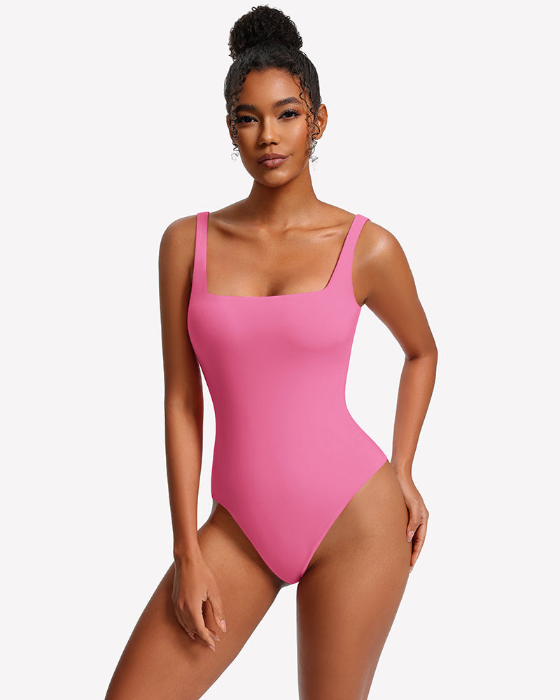 Square Neck Backless Double-Lined Thong Bodysuit