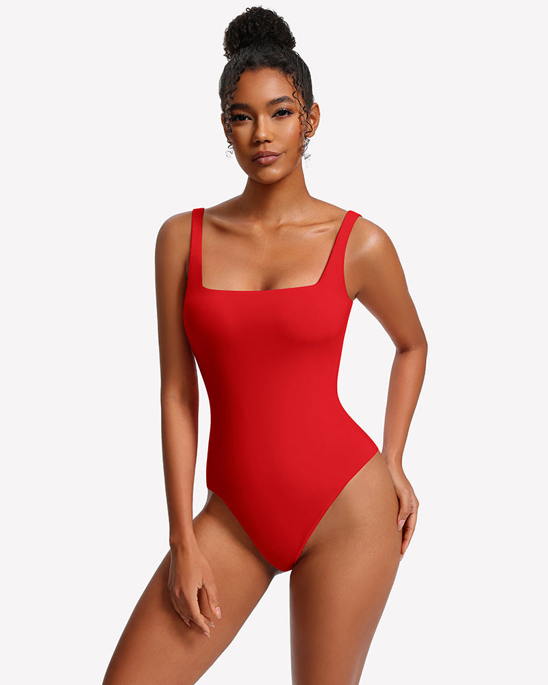 Square Neck Backless Double-Lined Thong Bodysuit