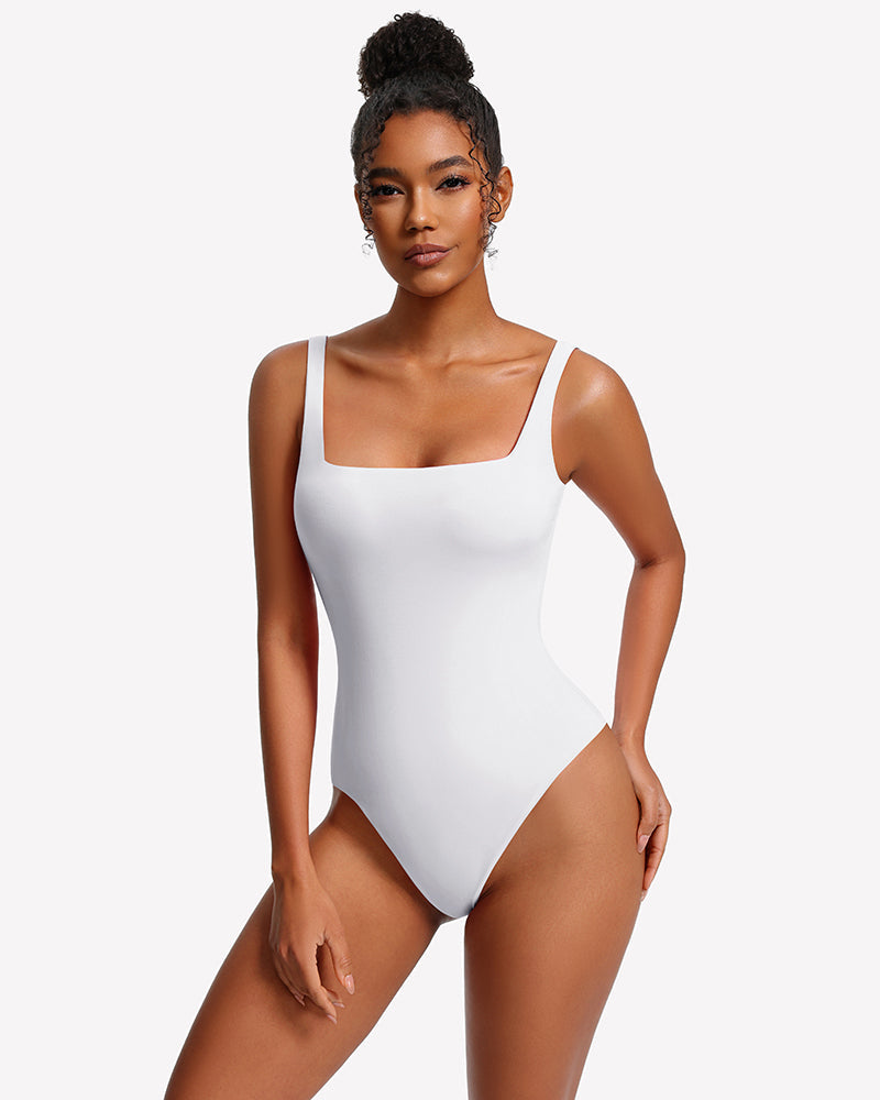 Square Neck Backless Double-Lined Thong Bodysuit