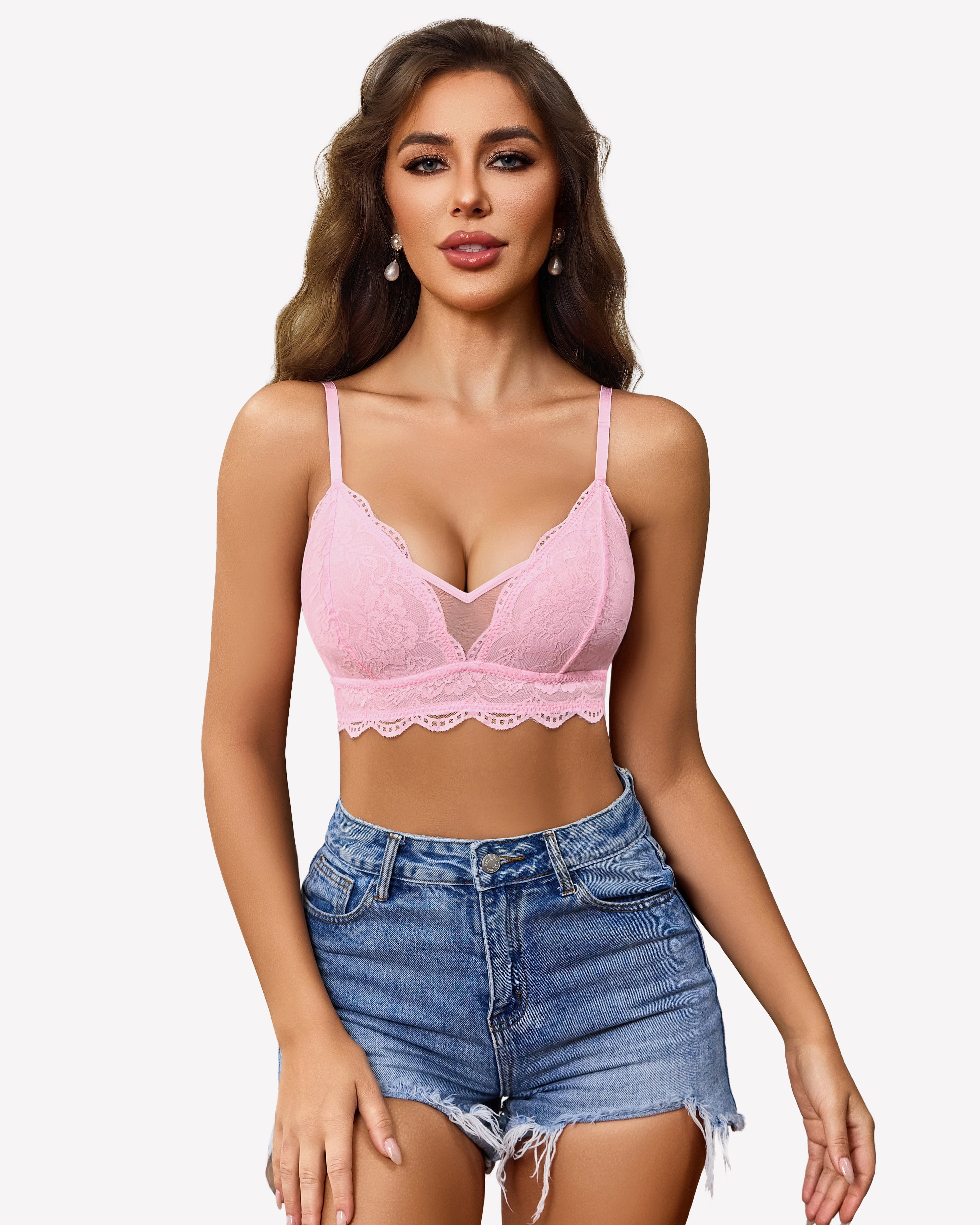 Lace Wireless Bra V Neck Non-Padded Mesh Bralette
