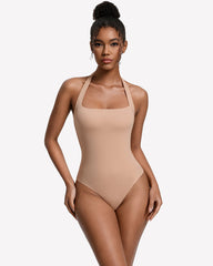 Square Neck Halter Bodysuit Double Lined Thong Going Out Top