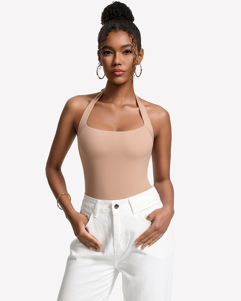 Square Neck Halter Bodysuit Double Lined Thong Going Out Top