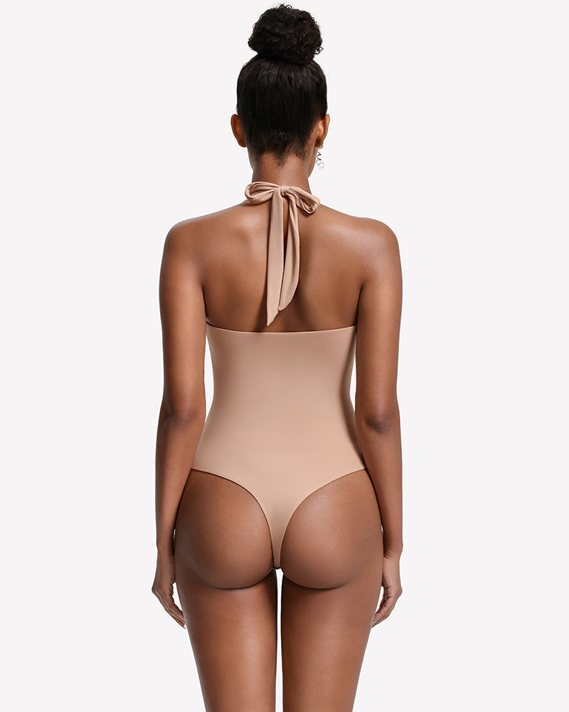 Square Neck Halter Bodysuit Double Lined Thong Going Out Top