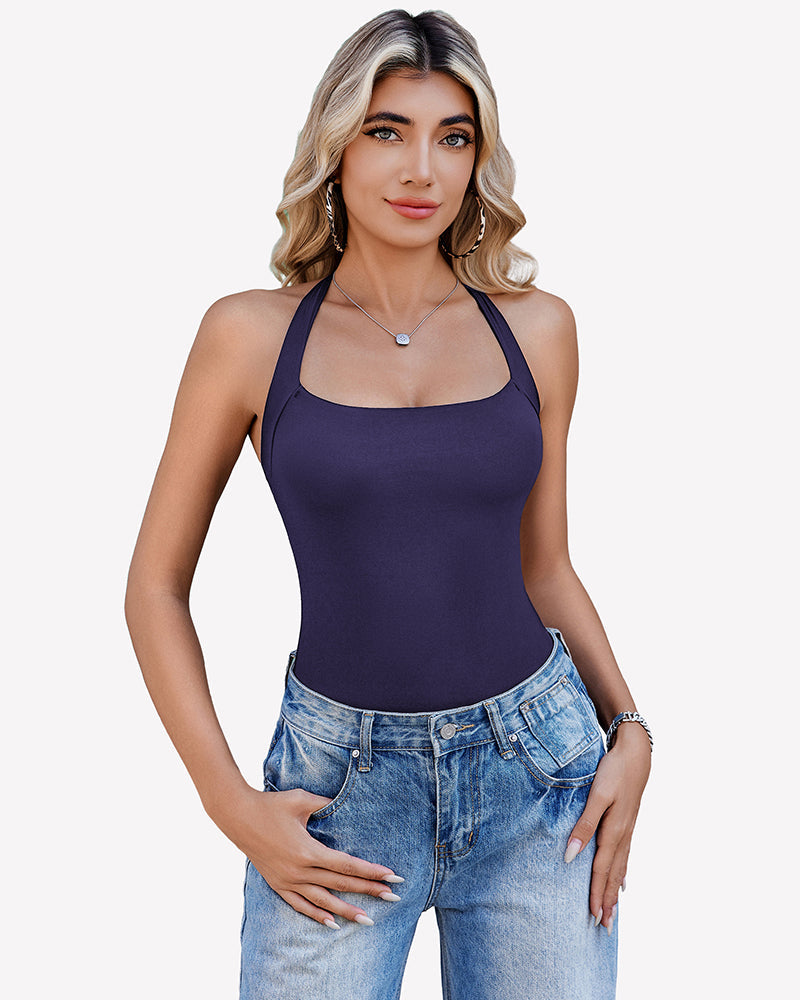 Square Neck Halter Bodysuit Double Lined Thong Going Out Top
