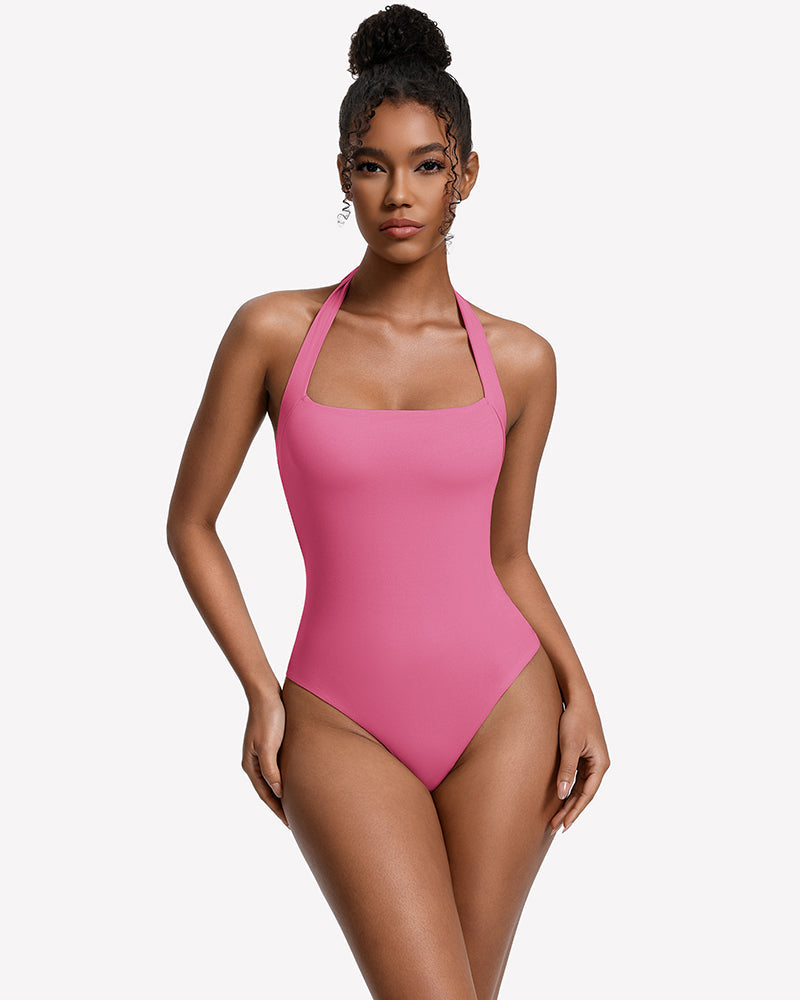 Square Neck Halter Bodysuit Double Lined Thong Going Out Top