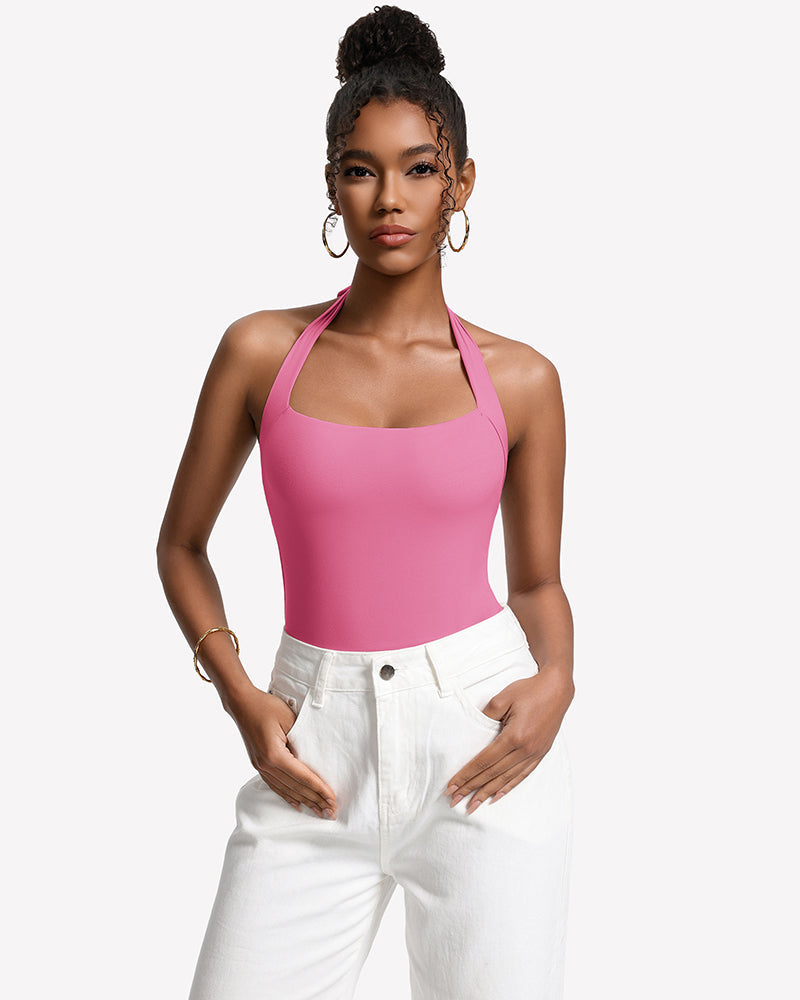 Square Neck Halter Bodysuit Double Lined Thong Going Out Top