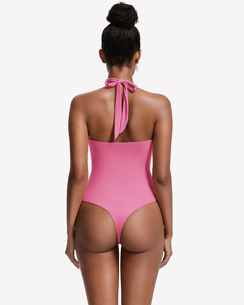 Square Neck Halter Bodysuit Double Lined Thong Going Out Top