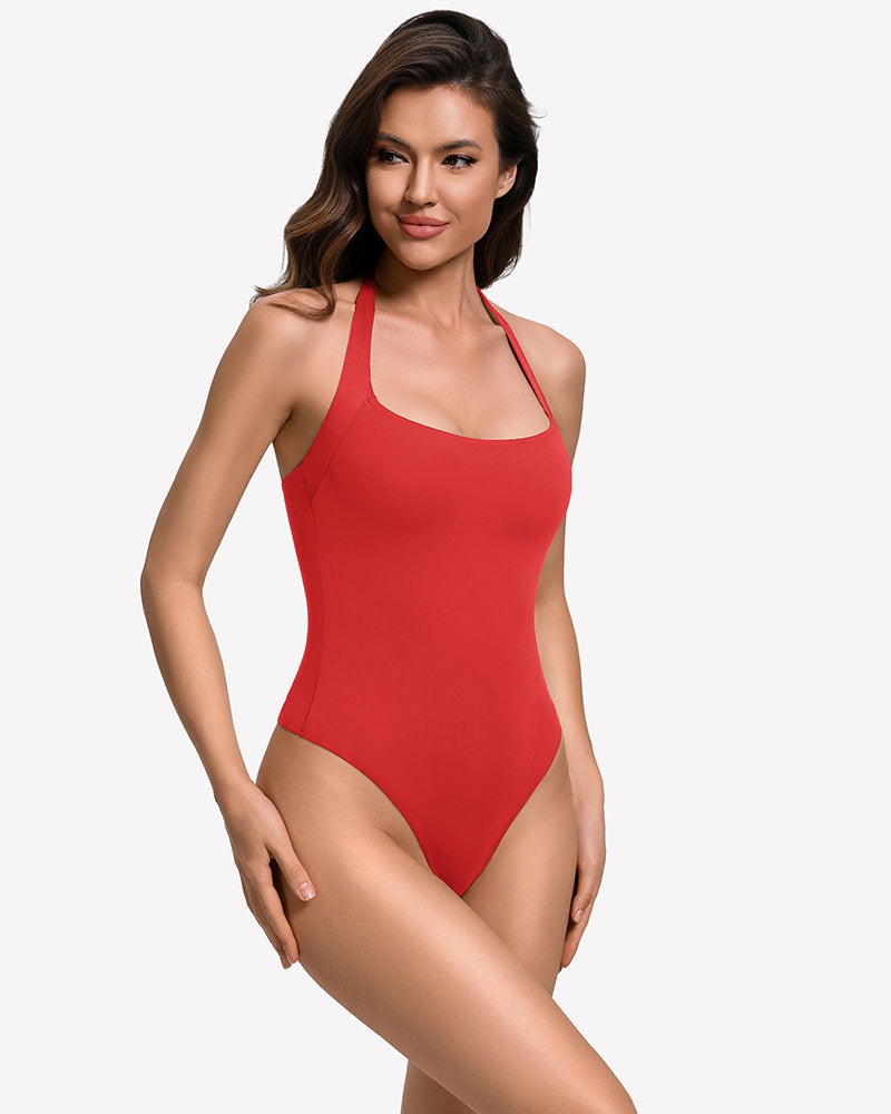 Square Neck Halter Bodysuit Double Lined Thong Going Out Top