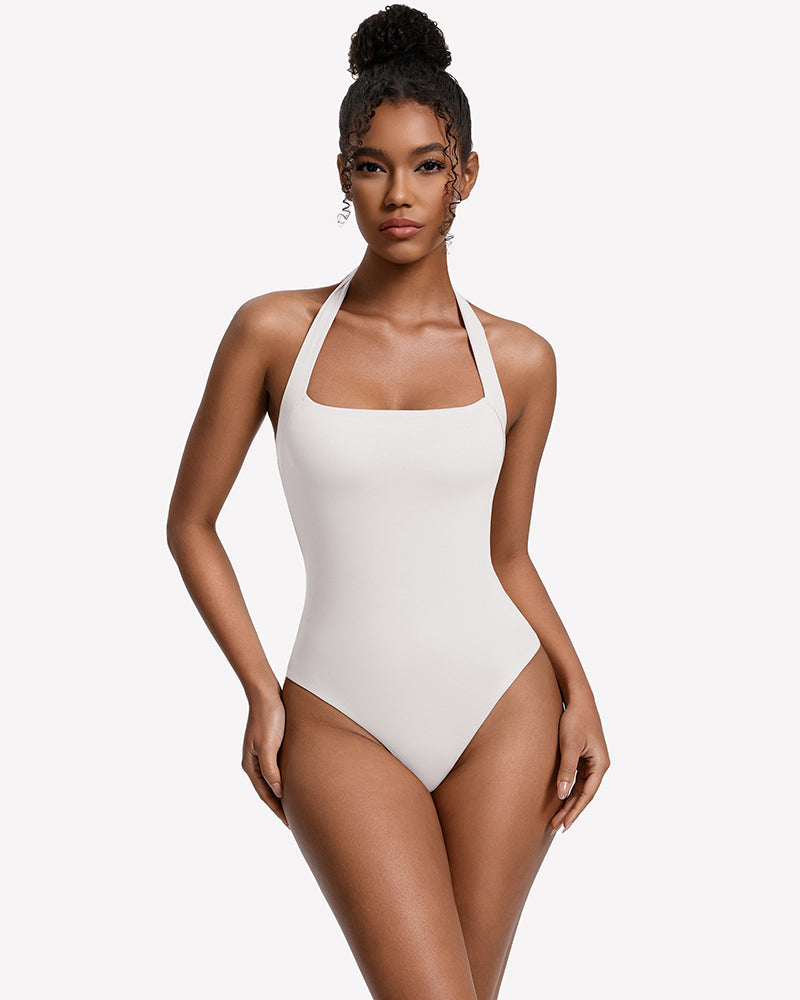 Square Neck Halter Bodysuit Double Lined Thong Going Out Top
