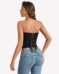 Mesh Strapless Corset Top Tie Back Boned Bustier