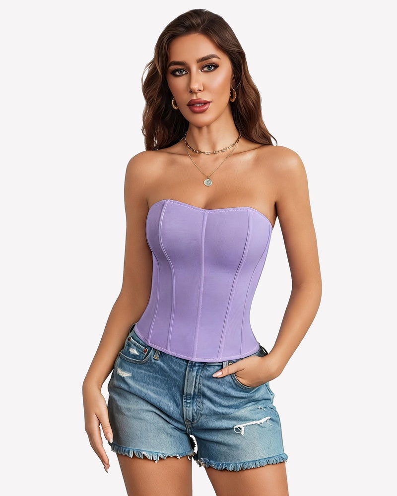 Mesh Strapless Corset Top Tie Back Boned Bustier